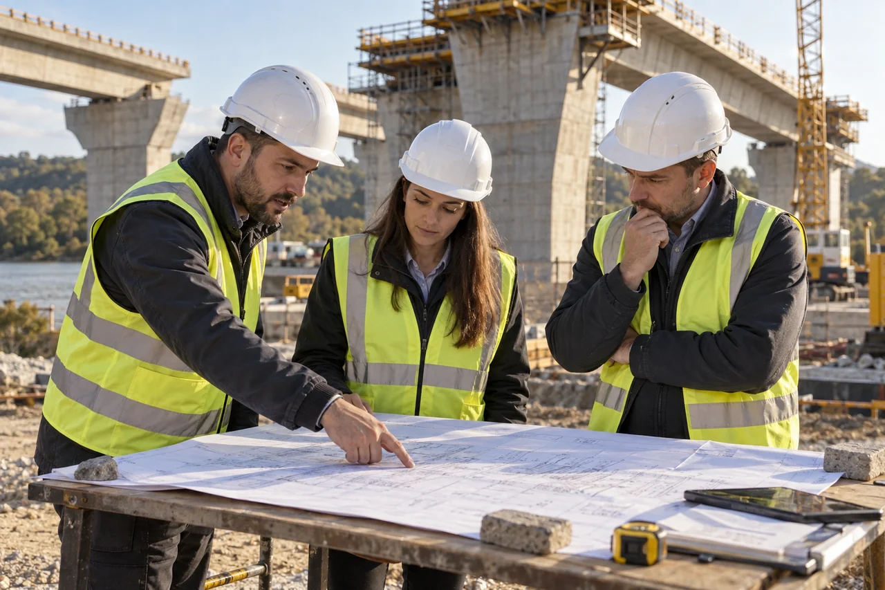 Ingineri constructori analizand planurile unui proiect
